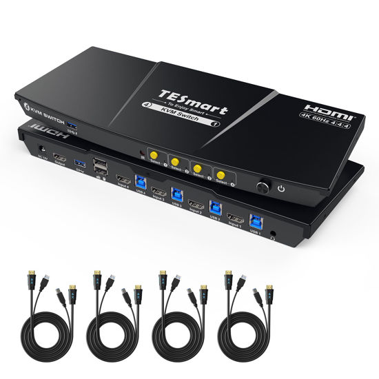 Picture of TESmart USB 3.0 HDMI KVM Switch 1 Monitor 4 Computers 4K@60Hz, Headset, Audio&Microphone, KVM Switch 4 Port EDID Emulators, L/R Audio, Hotkey Switch, Button Switch with Remote Switch and All Cables