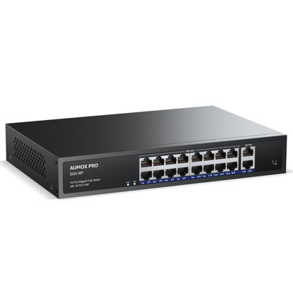 Picture of 16 Port Gigabit PoE Switch,AUMOX PRO SG518P 18 Ethernet Unmanaged PoE with 2 Gigabit Uplink 250W,Plug and Play,Sturdy Metal Desktop, Wall Mount or Rackmount Network Switch, 802.3af/at Compliant