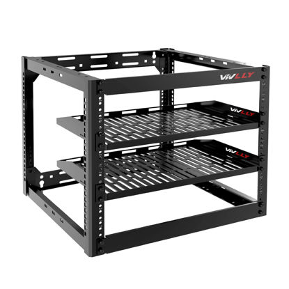 Picture of Vivlly Open Frame 10U Rack for Networking, Servers, Audio, and Video Equipment, Heavy Duty 1U Vented Shelves, Wall Mounted Hardware or Floor Standing Support