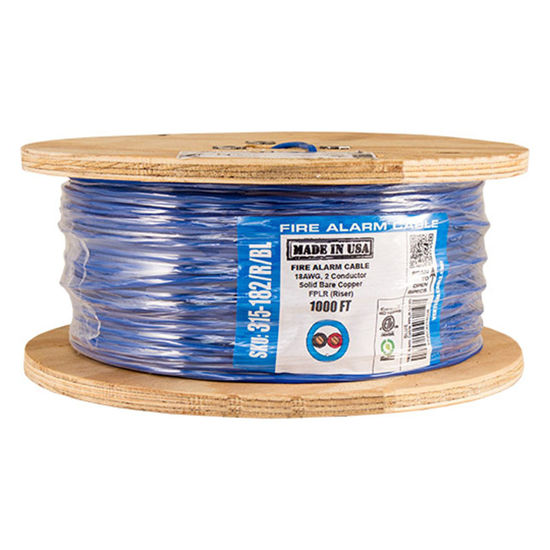 Picture of Vertical Cable Fire Alarm Cable, 18 AWG, 2 Conductor, Solid, Unshielded, FPLR (Riser), 1000ft Spool, Blue - Made in USA