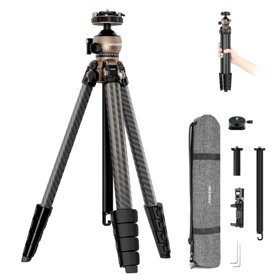 Picture of NEEWER LITETRIP LT35 61" Travel Tripod Carbon Fiber w Pan Tilt Low Profile Ball Head, Arca QR Plate Compatible with Peak Design Tripod Plate V3, Center Axis, 2in1 Phone Clamp Handgrip, Max Load 22lb