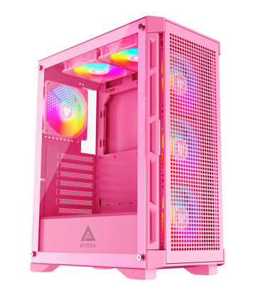 Picture of Apevia Hydra-PK Hydra Mid Tower Gaming PC Case w/ 6X 120mm ARGB Fans, 366 RGB Light Modes, High Performance Breathable Airflow Mesh Front Panel, Tempered Glass Side Panel, 1X USB3.0, 2X USB2.0, Pink