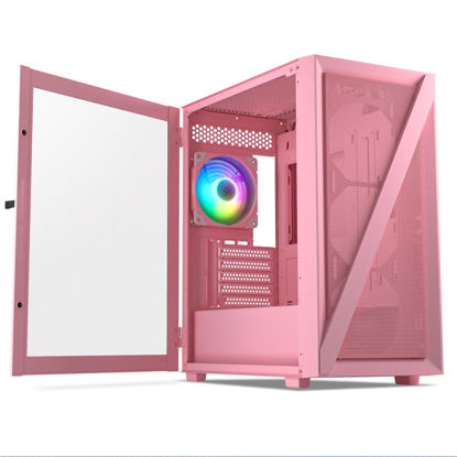 Picture of Vetroo M05 Micro ATX Computer PC Case with Door Open Tempered Glass Side Panel & Mesh Front Panel, Pre-Installed 120mm ARGB Fan in Rear, Support 240mm Radiator, Type-C Port - Pink