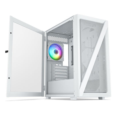 Picture of Vetroo M05 Micro ATX Computer PC Case with Door Open Tempered Glass Side Panel & Mesh Front Panel, Pre-Installed 120mm ARGB Fan in Rear, Support 240mm Radiator, Type-C Port - White