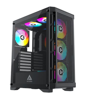 Picture of Apevia Hydra-BK Hydra Mid Tower Gaming PC Case w/ 6X 120mm ARGB Fans, 366 RGB Light Modes, High Performance Breathable Airflow Mesh Front Panel, Tempered Glass Side Panel, 1X USB3.0, 2X USB2.0, Black