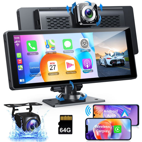 Picture of Portable Wireless Carplay& Android Auto Car Screen,10.26 Inch IPS Touchscreen with 4K Dashcam and HD Back-up Camera Support Bluetooth/Siri/Google/GPS/Mirror-Link, Double Din with 64G TF Card Included