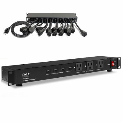 Picture of Pyle 19 Outlet 1U 19" Rackmount PDU Power Distribution Supply Center Conditioner Strip Unit Surge Protector 15 Amp Circuit Breaker 4 USB Multi Device Charge Ports 15FT Cord (PCO865) Black