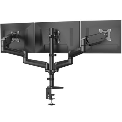 Picture of HUANUO Triple Monitor Mount for 17 to 32 inch Screens, Gas Springs Adjustment Triple Monitor Stand with Swivel, Tilt, Rotation, Clamp & Grommet Kit (Black)