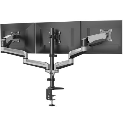 Picture of HUANUO Triple Monitor Stand - Full Motion Articulating Gas Spring Monitor Mount Fit Three 17 to 32 inch Flat/Curved LCD Computer Screens with Clamp, Grommet Kit, Silver