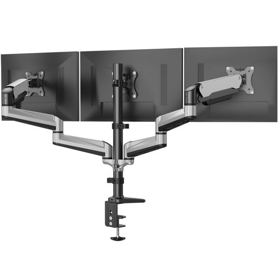 Picture of HUANUO Triple Monitor Stand - Full Motion Articulating Gas Spring Monitor Mount Fit Three 17 to 32 inch Flat/Curved LCD Computer Screens with Clamp, Grommet Kit, Silver