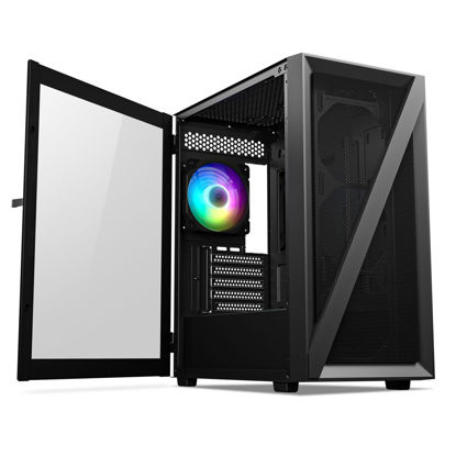 Picture of Vetroo M05 Micro ATX Computer PC Case with Door Open Tempered Glass Side Panel & Mesh Front Panel, Pre-Installed 120mm ARGB Fan in Rear, Support 240mm Radiator, Type-C Port - Black