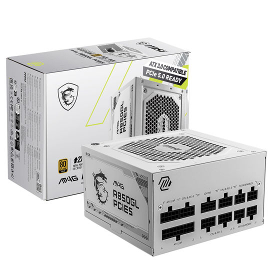 Picture of MSI MAG 850GL PCIE 5 White Gaming Power Supply - Full Modular - 80 Plus Gold Certified 850W - Compact Size - ATX PSU