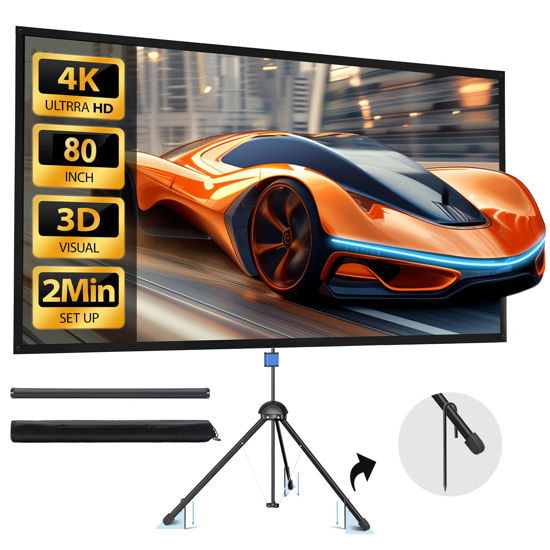 Picture of Projector Screen with Stand 100 inch Indoor Outdoor Projector Screen 16:9, 4K HD PVC Projector Screen with 1.5 Gain, Projector Screen for Backyard Theater and Wall Hanging 2IN1 with Carry Bag, Ground