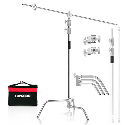 Picture of Lapgood 100% Stainless Steel Heavy Duty C Stand with Boom Arm - Max Height 10.8ft/330cm Photography Light Stand with 4.2ft/127cm Holding Arm, 2 Grip Head for Studio Monolight, Softbox, Reflector