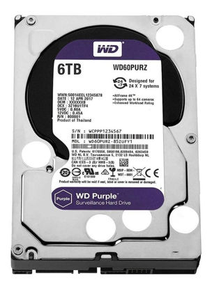 Picture of Western Digital 6TB WD Purple Surveillance Internal Hard Drive HDD - SATA 6 Gb/s, 64 MB Cache, 3.5" - WD60PURZ