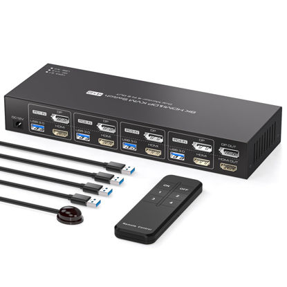 Picture of PVBCTCSID Displayport HDMI KVM Switch 4 Computers 2 Monitors 8K@60Hz KVM Switches KVM Switch Dual Monitor for 4 PC Sharing 2 Monitor and 4 USB 3.0 Devices with IR Remote Control