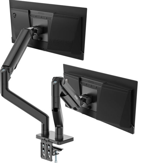 Picture of MSI MAG MT201D - Premium Heavy Duty Dual Monitor Stand Arms, 17-45" Support, VESA Compatible, Adjustable Spring Mount, 44 lbs per Screen, Clamp & Grommet, Quick Release Plate - Black