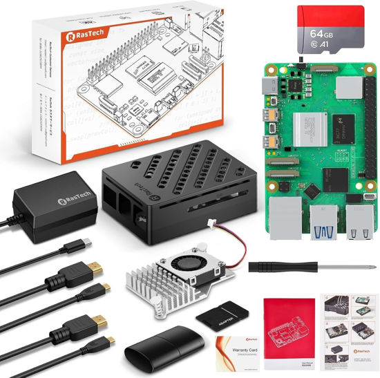 Picture of RasTech Raspberry Pi 5 8GB Kit 64GB Edition with Active Cooler,27W 5.1V5A USB-C Power Supply,Pi5 8GB Board,64GB Card Readers Kit,Pi 5 Case,Dual 4K Micro HD Out Cables and User Manual