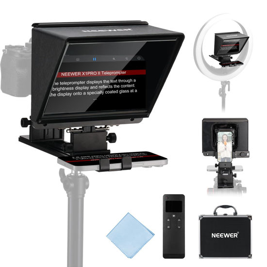 Picture of NEEWER X1 Pro II Teleprompter 9" All Metal with RT113 Remote/App Control, Quick Switch 1s Lock Arca Type QR Plate, Magnetic Phone Clamp Compatible with iPhone Android Smartphone, Assembly Free