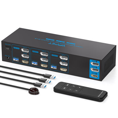 Picture of 4K144Hz Displayport KVM Switch 3 Monitors 3 Computers 1 HDMI 8K30Hz KVM Switches Triple Monitor for 3 PC Share 3 Screens and 4 USB 3.0 Ports with Wireless Controller