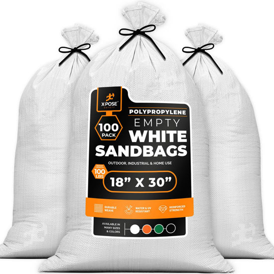 Picture of Woven Polypropylene Sand Bags for Flooding, Gravel-18" x 30" Sacks 100 lb Weight Limit, Military Grade Reusable Refillable Sand Bag for Hurricane Flood Protection, Empty Sandbags, White, Bundle of 100