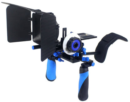 Picture of Pro Steady DSLR Complete Movie Rig with Shoulder Mount and Follow Focus System and a Matte Box Shading Card for All DSLR Cameras & Video Camcorders (Blue)