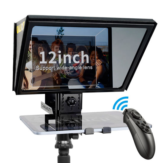 Picture of All-Metal teleprompter Supports 12.9" Tablets Prompting, w/a liftable Shooting Platform to Provide Wide-Angle Shooting for The Camera.