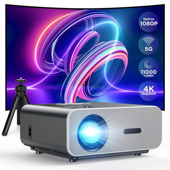 Picture of Native 1080P Projector 4K Support, 5G WiFi Bluetooth Portable Projector with Tripod, 11000L Movie Projector, 300" Display Home Projector Compatible with HDMI/TV Stick/iOS/Android/PS5