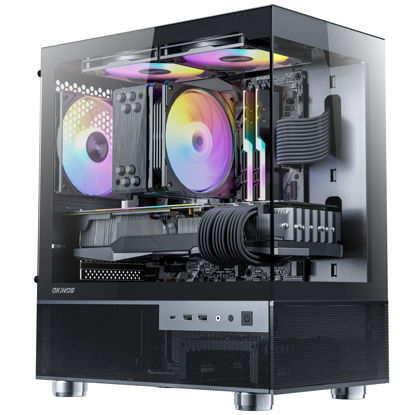 Picture of Okinos Aqua 3, Micro ATX Case, MATX PC Case with 3 X 120mm 3-Pin ARGB Fan Pre-Installed, Panoramic View Tempered Glass Front & Side Panel, with Type C Port, Black