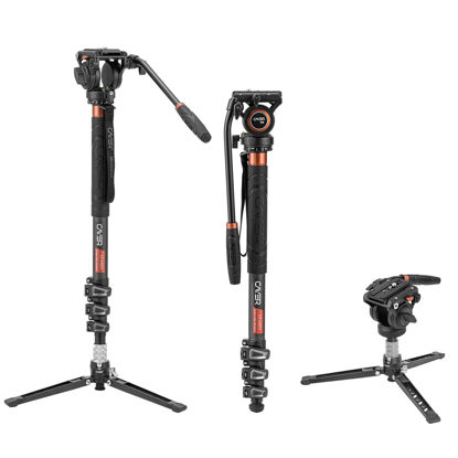 Picture of Cayer CF34 Carbon Fiber Camer Monopod Kit, 71 inch Professional Telescopic Video Monopods with Video Fluid Head and Folding Support Base for DSLR Video Cameras Camcorders, Plus 1 Extra Sliding Plate