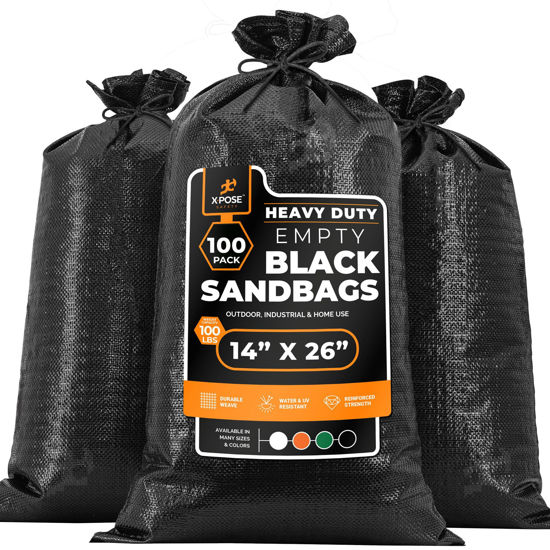 Picture of Heavy Duty Woven Polypropylene Sand Bags for Flooding, 14" x 26" 100 lb Weight Limit, Military Grade Reusable Refillable Sand Bag for Hurricane Flood Protection - Empty Sandbags, Black, Bundle of 100