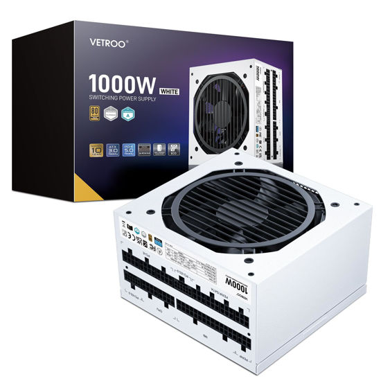 Picture of Vetroo 1000W White Power Supply ATX 3.0 Ready Dual PCIe 5.0, 80 Plus Gold Full Modular, Japanese 105°C Capacitors, Eco Mode with 120mm FDB Fan, Compact Size, 10 Year Warranty for Gaming PC