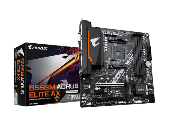 Picture of GIGABYTE B550M AORUS Elite AX (AM4/ AMD/ B550/ Micro ATX/Single M.2/ SATA 6Gb/s/USB 3.2 Gen 1/ Realtek GbE LAN/PCIe 4.0/ Motherboard)