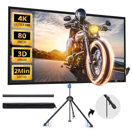 Picture of Projector Screen with Stand, PARIS RHÔNE 80 inch Indoor Outdoor Projector Screen 16:9 4K HD PVC, 1.5 Gain Portable Wrinkle-Free Screen for Backyard Theater and Wall Hanging 2IN1 with Carry Bag, Ground