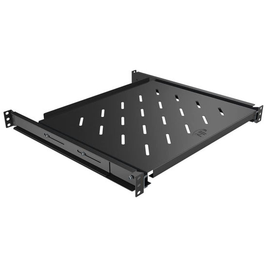 Picture of 4-Post Sliding Server Shelf, Cold Rolled Steel, Black, Venting, Adjustable, 450mm Depth, 8.1 lbs, Rack Mount, 1U(1RU)