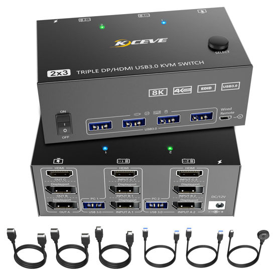 Picture of KVM Switch 3 Monitors 2 Computers,Triple Monitors KVM Switch DisplayPort HDMI 3 Ports 8K@60Hz 4K@144Hz Extended Display, KVM Switches with 4 USB 3.0 Ports for Keyboard, Mouse, U-Disk and Printer