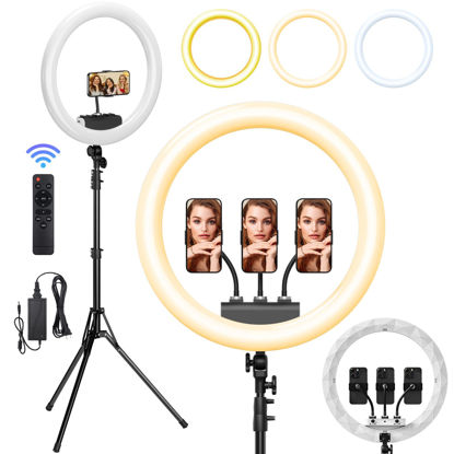 Picture of Ring Light with Stand, 19in LED Selfie Circle Light, Max 8ft/2.5m Tripod Stand, 3 Holders for iPhone, Remote Control, 6300K Color Temperature for Live Streaming, Barber, Makeup, YouTube, Tiktok