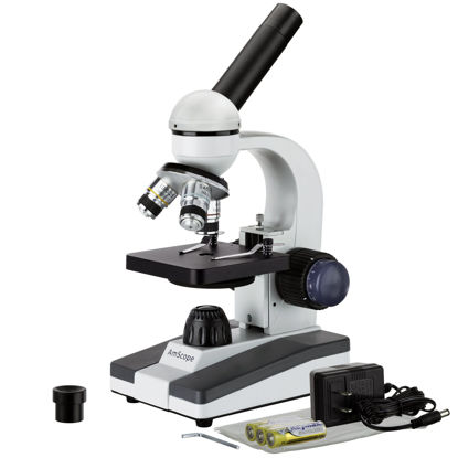 Picture of AmScope M150 Series Portable LED Monocular Student Compound Microscope - 40X-1000X Magnification - Microscope Kit Includes Dust Cover, 2 Clips & 2 Eyepieces