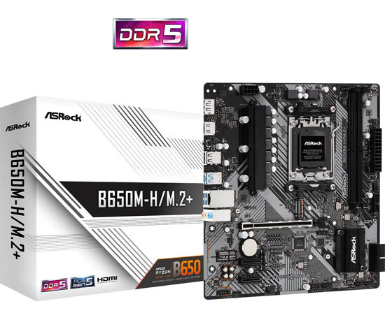 Picture of ASRock B650M-H/M.2+ Motherboard DDR5 DIMMs 6 USB HDMI DisplayPort Micro ATX 96 GB 6400 MHz Socket AM5 SATA3 6.0 Gb/s RDNA 2 Graphics Ryzen 8000 7000 Series