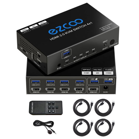 Picture of USB 3.0 KVM Switch HDMI 4 Computer 1 Monitor 4K 60Hz SPDIF L/R Extractor- USB Switch for Keyboard Mouse Printer Mac Windows 4 Port HDMI Switch 4x1 1080p 120Hz 144Hz HDCP Pass, IR Remote Ext. Mic