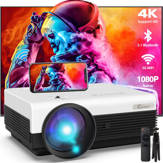 Picture of Crumisy Projector with WiFi and Bluetooth, 1080P Full HD Outdoor Projector with Tripod Included, Movie Projector for Stand Ceiling Wall Use, Compatible with Smartphone/TV Stick/HDMI/AV/VGA