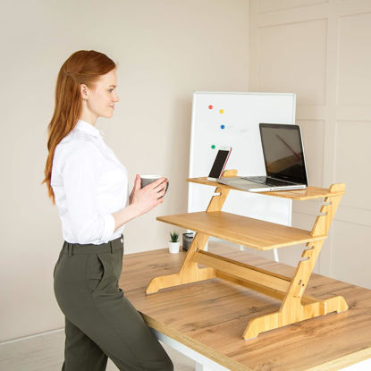 Picture of Adjustable Standing Desk Riser 100% Natural Bamboo Desk Converter Monitor Stand - No Screws, Sets up in Under 1 Minutes - for Home or Office Use (19" High 26" Wide