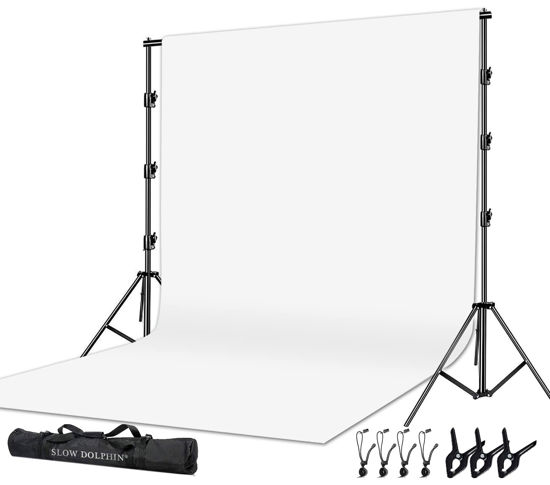 Picture of SLOW DOLPHIN Photo Video Studio 10 x12ft 100% Cotton White Muslin Backdrop with 10 x 10ft Stand Photography Background Support System Kit Clamp, Clips,Carry Bag