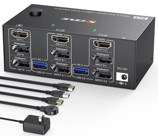 Picture of KVM Switch 3 Monitors 2 Computers 8K@60Hz 4K@144Hz, HDMI+2 Displayport KVM Switch Triple Monitor for 2 Computer Share 3 Monitor and 4 USB3.0 Port Keyboard Mouse,Wired Remote and 5 Cables Included