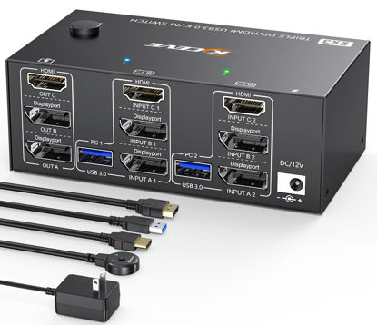 Picture of Triple Monitor KVM Switch 3 Monitors 2 Computers 8K@60Hz 4K@144Hz,MLEEDA HDMI+2 Displayport KVM Switch Triple Monitor for 2 Computers Share 3 Monitors and 4 USB3.0 Device,with Wired Remote and 5 Cable