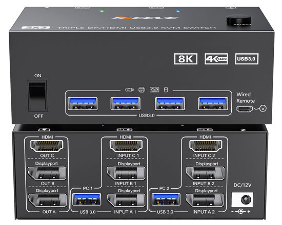 Picture of KVM Switch 3 Monitors 2 Computers 8K@60Hz 4K@144Hz, 2 Displayport + HDMI USB3.0 KVM Switch Triple Monitor with 4 USB 3.0 Port for Keyboard Mouse, Wired Remote,Power Adapter and 5 Cables Included