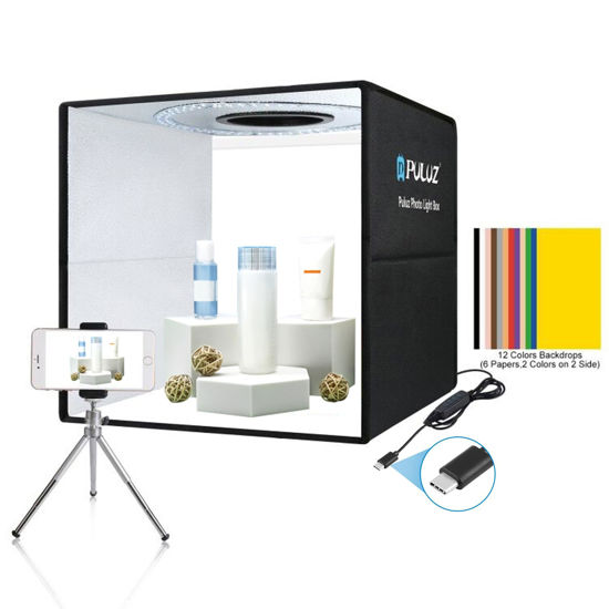 Picture of Photo Studio Box, PULUZ 40cm Folding Lightbox 160 LED Ring Light Portable Photo Studio Photography Shooting Tent Box Kit 12 Colors Backdrops USB Light Box for Phones DSLR Camera 16 x 16 inch