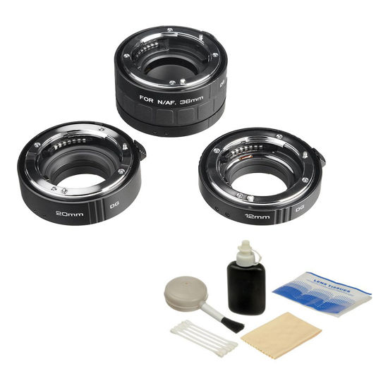 Picture of Kenko Auto Extension Tube Set DG (12, 20 & 36mm Tubes) for Nikon Digital and Film Cameras with General Brand Lens Cleaning Kit