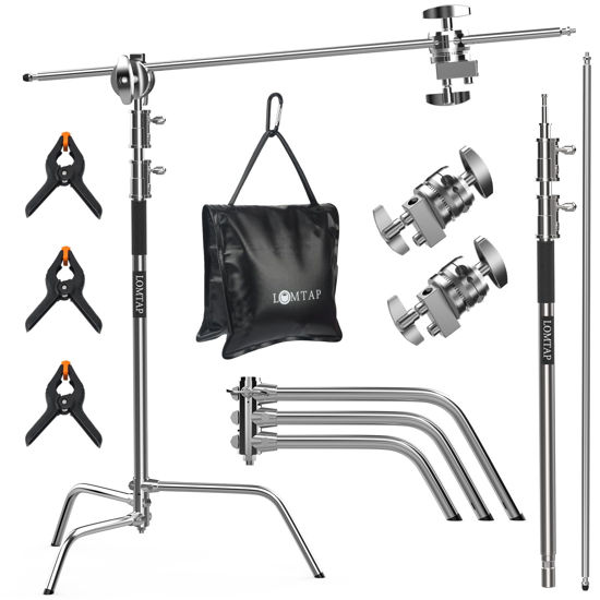 Picture of LOMTAP C Stand Light Stand Stainless Metal Photography Kit - Heavy Duty 6.8ft/210cm Vertical Pole, 2.8ft/87cm Boom Arm, Adjustable Base, Water Sandbag, 2 Grip Heads, 3 Clips for Softbox, Reflector