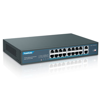 Picture of YuanLey 16 Port PoE Switch with 2 Gigabit Uplink, 16 PoE+ Port 10/100Mbps Network Switch, 802.3af/at Compliant, Durable Metal with 250W High Power, Unmanaged Plug and Play